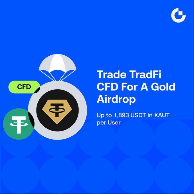The image is a promotional graphic featuring a gold coin with a parachute alongside CFD and Tether (USDT) logos, advertising a "Trade TradFi CFD For A Gold Airdrop" promotion with up to 1,893 USDT in XAUT (gold-backed token) available per user. The graphic illustrates the accompanying post's message about a XAUT prize pool tied to completing a first TradFi CFD trade, with 10,000 USDT worth of XAUT distributed among eligible users who have activated TradFi CFD trading.