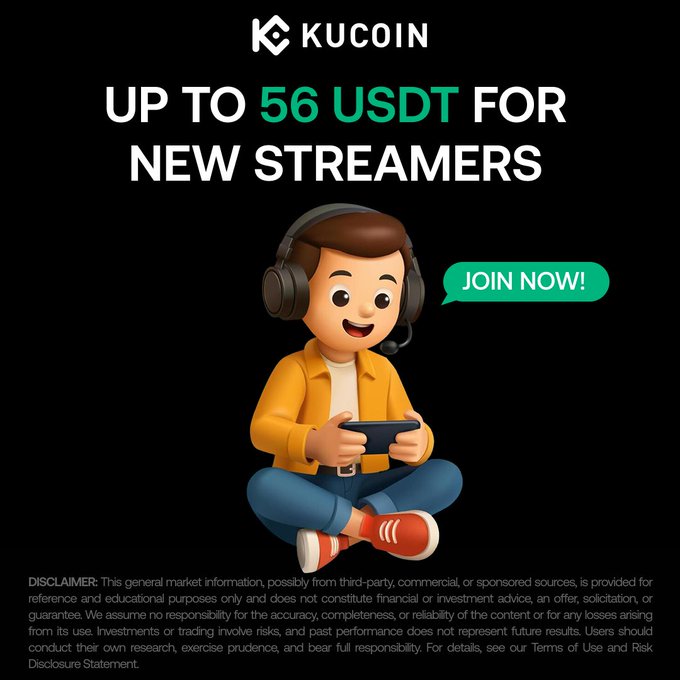 A KuCoin promotional graphic featuring a 3D cartoon character with headphones and a microphone, advertising up to 56 USDT for new streamers with a "JOIN NOW!" button. The image visually reinforces the post's message about KuCoin Live's new streamer earning opportunity, complementing the call-to-action with the link to learn more.