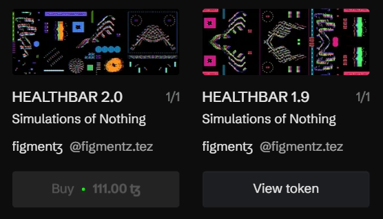 Two NFT listings titled 'HEALTHBAR 2.0' and 'HEALTHBAR 1.9', both called 'Simulations of Nothing' by figmentz @figmentz.tez, with the 2.0 version priced at 111.00 tez for purchase.
