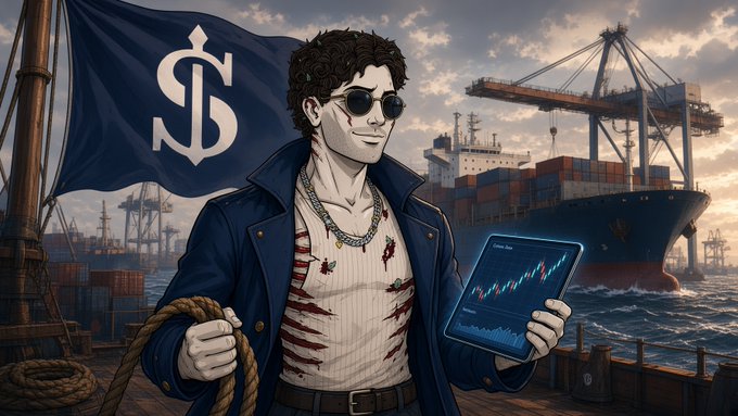 An anime-style illustration of a man wearing sunglasses, a leather jacket, and gold chains, holding a rope in one hand and a tablet displaying trading charts in the other, with a dollar-sign flag and a cargo ship in the background.