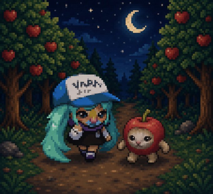 Pixel art depicting a teal-haired anime-style character in a white cap standing on a path in an apple orchard at night, accompanied by a small apple-headed creature, under a crescent moon.