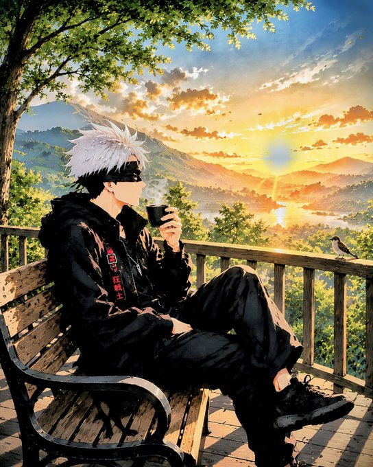 An anime-style illustration of a white-haired character wearing a black blindfold and outfit with kanji reading '呪術廻戦' (Jujutsu Kaisen), drinking from a cup on a balcony overlooking a sunset.