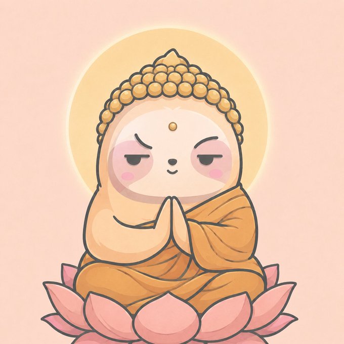 A cute cartoon illustration of a chubby Buddha figure in orange robes with hands in prayer pose, sitting on a pink lotus flower against a peach background.