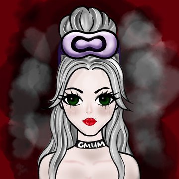 Digital illustration of a pale woman with silver hair in a bun, green eyes, red lips, wearing a 'GMUMA' choker against a red background.