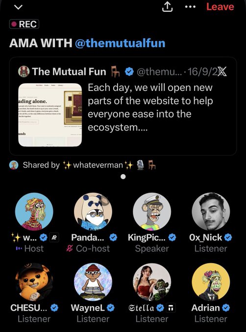 A screenshot of a Twitter Spaces AMA with @themutualfun, showing a post about easing into the ecosystem and a panel of speakers including the Host, Co-host Panda, Speaker KingPic_, and Listener Ox_Nick, CHESU, Wayne, Stella, and Adrian.