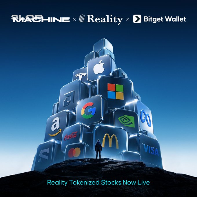A nearly identical advertisement to the previous image, but co-branded with "SHARDSHINE" instead of "ample," still promoting "Reality Tokenized Stocks Now Live" alongside Reality and Bitget Wallet.