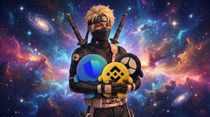 Digital anime-style illustration of a blond ninja character with two swords strapped to his back, holding plush Bitcoin, BNB and Polkadot mascots against a colorful cosmic galaxy background.