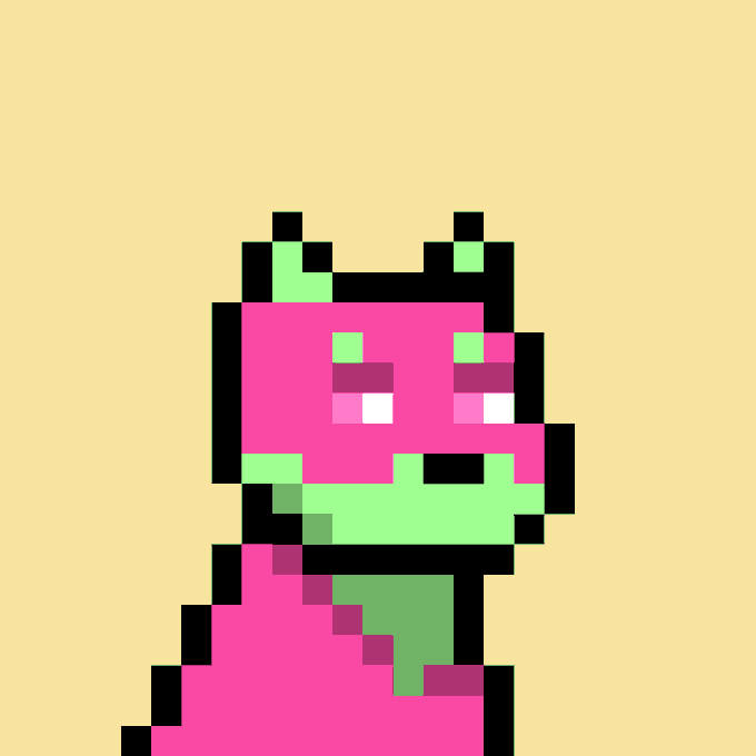A low-resolution pixel-art image depicts a green and magenta cartoon character against a pale yellow background.