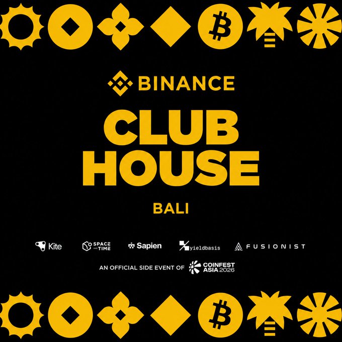 A bold black and yellow promotional poster for the 'BINANCE CLUB HOUSE BALI', an official side event of CoinFest Asia 2026, featuring various cryptocurrency-themed icons.