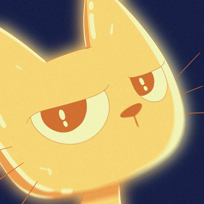 A close-up digital illustration of an orange cat character with a sly expression, half-lidded eyes, and a small nose, rendered in warm tones against a dark background.