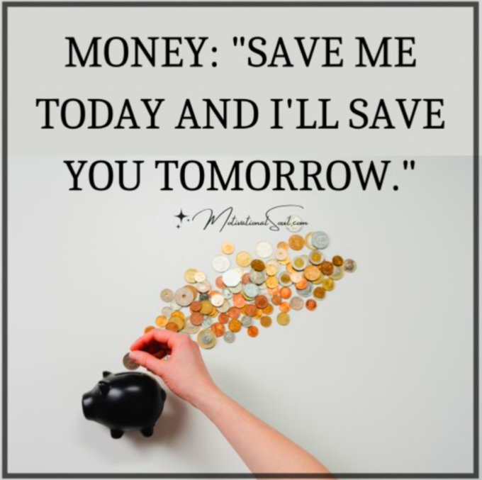 The image shows a hand dropping coins into a black piggy bank with scattered coins around it, paired with the quote "MONEY: 'SAVE ME TODAY AND I'LL SAVE YOU TOMORROW.'" This message of saving now for future security fits the Good Friday post's reflective tone, encouraging the $SHIB community to save or hold their tokens today in anticipation of future gains.
