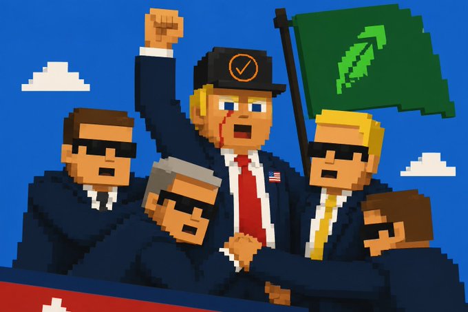 A pixelated illustration shows a Donald Trump-like character wearing a "✓" cap and raising a fist, surrounded by suited bodyguards, while holding a green flag featuring the Robinhood logo, visually promoting the suggestion in the accompanying post to launch the $TRUMP token on the StonkBrokers launchpad instead of Robinhood.