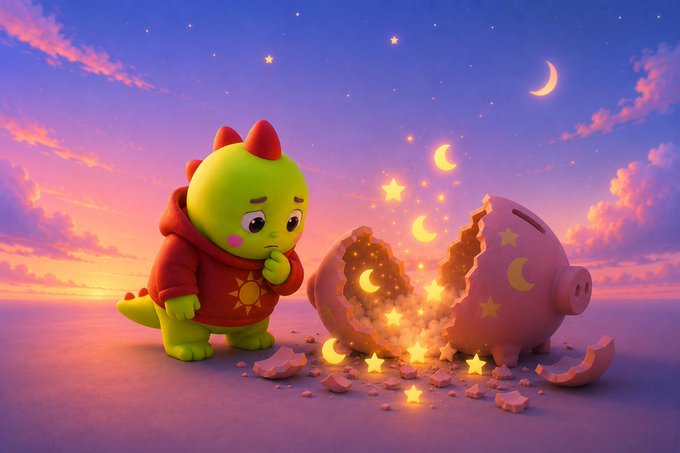 A small green dinosaur in a red hoodie stands beside a broken piggy bank spilling glowing stars, moons, and coins onto a reflective surface beneath a pastel twilight sky. The shattered bank and magical spill visually echo the post's theme of breaking past outdated sleep-tracking routines and unlocking something more interactive through Sleepagotchi's Web3 approach.