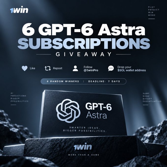 A 1win promotional graphic advertising a giveaway of 6 GPT-6 Astra subscriptions, with entry requirements listed (Like, Repost, Follow @1win, and drop $SOL wallet) and a 7-day deadline for 6 random winners, visually tying into the post's call-to-action offering free GPT-6 Astra subscriptions to participants.