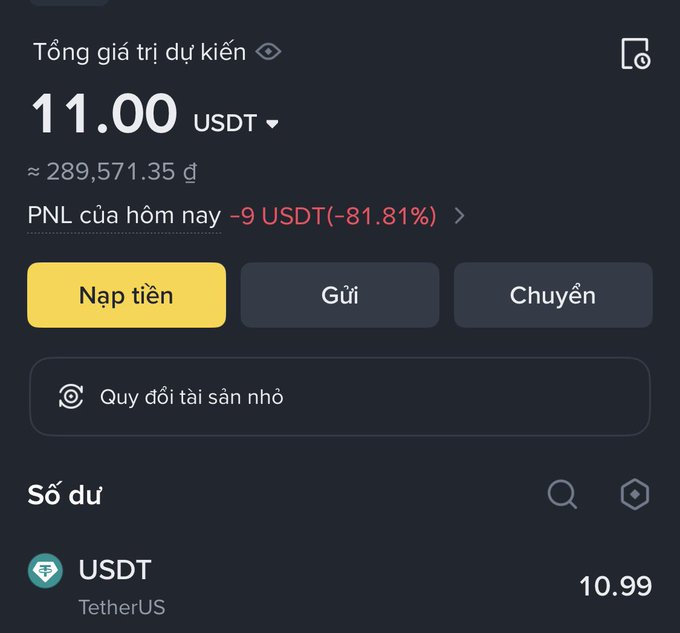 A Vietnamese cryptocurrency wallet interface in dark mode showing a total estimated value of 11.00 USDT with options to deposit, send, and transfer, displaying a PNL of -9 USDT (-81.81%).