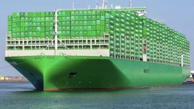 A massive green container ship sails through calm waters, fully loaded with stacked shipping containers. The "Chart after you sell" caption humorously implies that missing out on a major upward move—like watching this ship sail away without you—leaves investors watching gains depart from afar.
