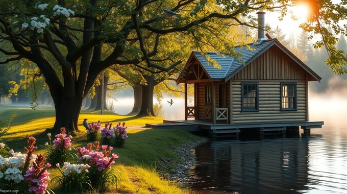 A picturesque AI-generated scene of a wooden log cabin by a tranquil lake, surrounded by lush trees and colorful flowers with birds flying nearby, bathed in warm morning sunlight.