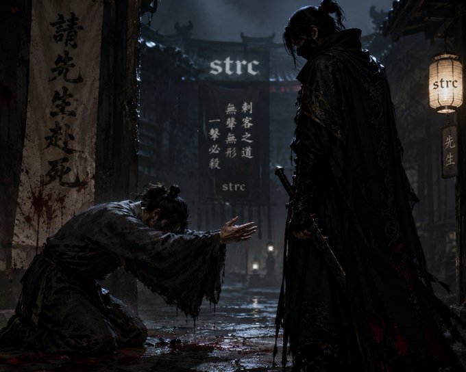 In this dark, atmospheric scene, two figures in traditional attire are depicted, with banners bearing the text "strc" and Chinese characters visible in the background. The image reflects the $STRC stock's dire situation, as illustrated by the bloody banners and the supplicating figure, suggesting a dramatic downfall.