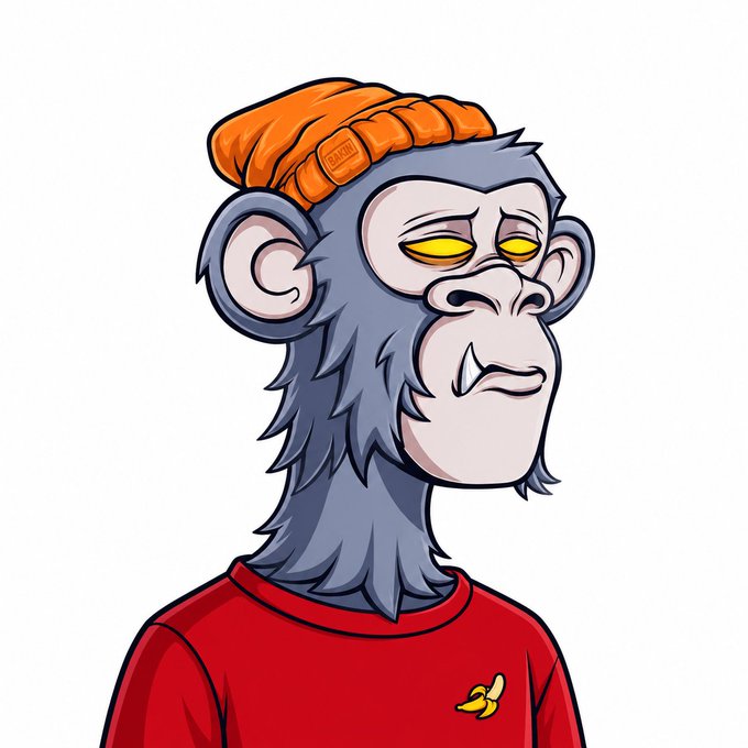 A digital illustration of a Bored Ape-style cartoon monkey character wearing an orange beanie and a red shirt with a small banana logo.