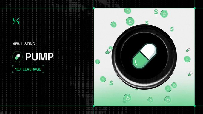 The image is a promotional graphic announcing a new listing for the "$PUMP" token on the RISEx exchange, featuring a 3D pill icon (referencing the ticker symbol $PUMP) surrounded by floating dollar signs and droplets, with text highlighting "NEW LISTING," "PUMP," and "10X LEVERAGE." The accompanying post confirms that $PUMP is now live on RISEx with up to 10x leverage available for trading.