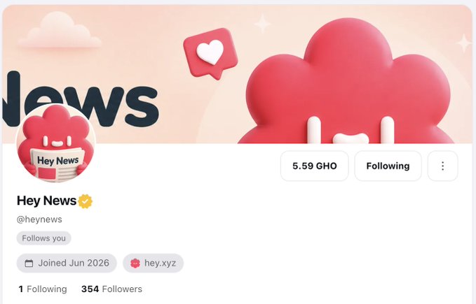 A social media profile for 'Hey News' (@heynews) with 5.59 GHO, 354 followers, 1 following, joined June 2026, and a link to hey.xyz.