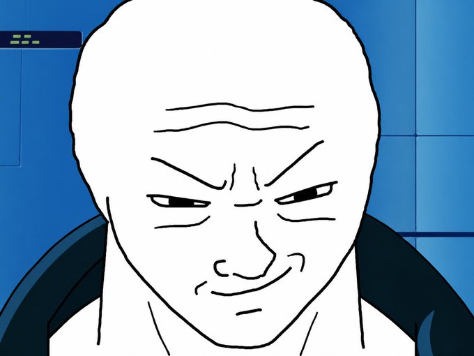A simple line-drawn meme face with a sly, knowing smirk and furrowed brows against a blue background.
