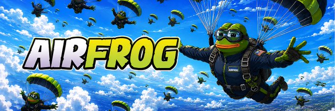 A vibrant promotional banner features a parachuting frog character in green and black skydiving gear, with the bold text "AIRFROG" displayed prominently on the left side against a sky filled with clouds and additional descending frog paratroopers. The image aligns with the post's launch announcement of the $AIRFROG memecoin giveaway, visually reinforcing the theme of a "stealth launch" as suggested by the frog paratroopers descending from above.