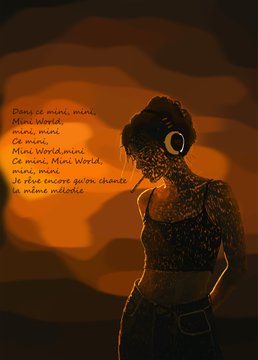 A silhouette of a woman with headphones against an orange glow, with Spanish text including 'Mini World' and 'la misma maldita'.