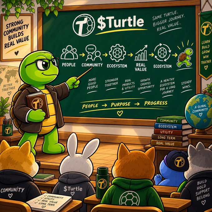 A cartoon classroom scene featuring a turtle teacher pointing at a chalkboard explaining the $Turtle philosophy: 'People → Community → Ecosystem → Real Value → Ecosystem', with the phrase 'Strong Communities Build Real Value' displayed prominently.
