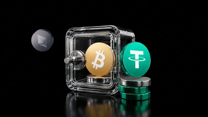 A glass vault contains Bitcoin and Tether (USDT) coins alongside a stack of tokens, symbolizing secure crypto storage and yield. The Ethereum logo floats to the left, representing the DeFi ecosystem. The image visually reinforces the post's message about KuCoin's Dual Investment product, which allows users to earn fixed APR on their idle crypto holdings through automated buy-low/sell-high strategies.