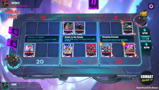 A screenshot of the Marvel Snap video game in combat mode, showing card placements across three locations with players VIPER22 and LIEBE.
