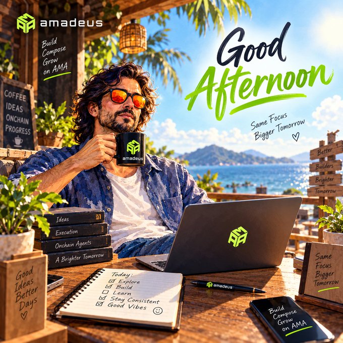 A promotional image for "amadeus" showing a man with sunglasses holding a branded mug at a seaside cafe, with text "Good Afternoon, Same Focus Bigger Tomorrow" and a checklist notebook on the table.