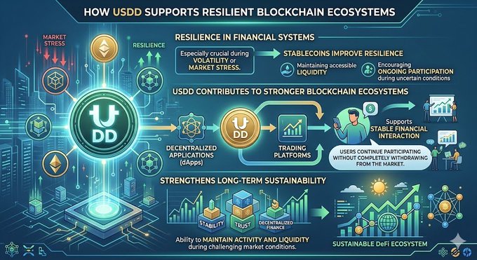 A diagram depicting a USDC and other elements related to blockchain technology and cryptocurrency exchange platforms. The chart is organized into six main sections, each detailing various aspects of the system like stability, volatility, financial systems, stablecoins, user experience, and how these factors contribute to a more resilient platform.