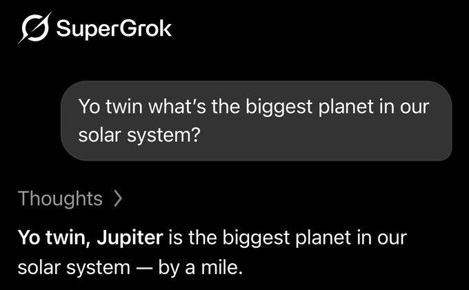 A screenshot of Grok AI's "Fun Mode" responding to the question "Yo twin what's the biggest planet in our solar system?" with the answer "Yo twin, Jupiter is the biggest planet in our solar system —by a mile." The reply relates to the post "JM to all my mutuals" by showing Grok AI using casual slang and gen-z vocabulary.