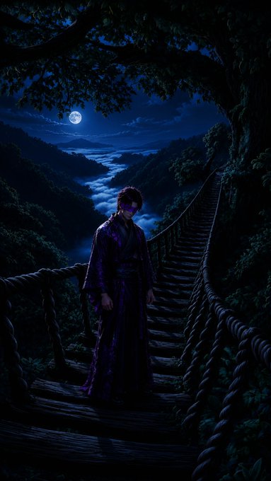 An anime-style illustration of a figure in a dark robe standing on a rope suspension bridge under a full moon, overlooking a misty mountain valley.