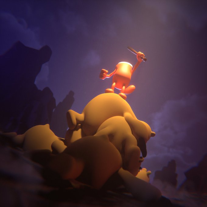 A triumphant dog stands atop a pile of fallen dogs, raising a bone like a trophy against a dramatic, stormy sky. The image visually echoes the post's message, depicting the victorious dog as a symbol of resilience and defiance against the odds.