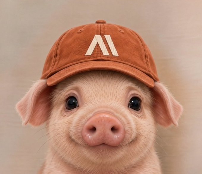A close-up photograph features a small, light-pink piglet wearing an orange baseball cap with a white logo, looking directly at the camera.