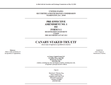 The image shows the cover page of an SEC Pre-Effective Amendment No. 1 filing for the "Canary Staked TRX ETF" dated May 29, 2025, with an anticipated ticker of "TRXS." The filing, submitted by Canary Capital Group LLC in response to SEC staff comments, relates directly to the post confirming Canary Capital's official ETF application for Tron (TRX) exposure.