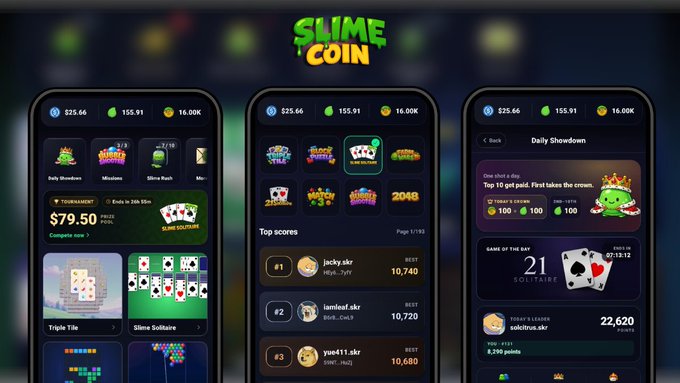 Three phone screens display the "SLIME COIN" gaming app, showing interfaces for tournaments, top scores, and a daily solitaire showdown.