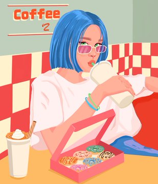 A stylized digital illustration titled 'Coffee 2' showing a blue-haired woman with sunglasses drinking from a cup next to a pink box of donuts and a whipped-cream topped beverage.