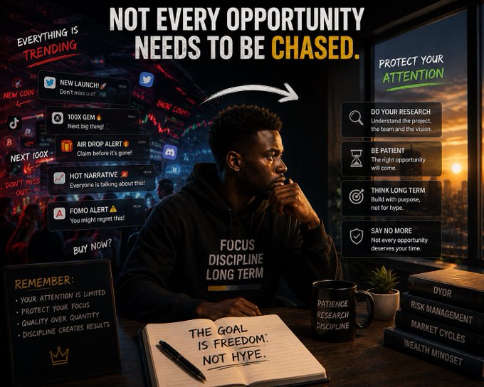 The image shows a contemplative man in a "FOCUS DISCIPLINE LONG TERM" hoodie sitting at a desk with a notebook reading "THE GOAL IS FREEDOM, NOT HYPE," surrounded by notifications labeled "NEW LAUNCH," "100X GEM," "AIR DROP ALERT," "HOT NARRATIVE," and "FOMO ALERT" on the left, contrasted with advice like "DO YOUR RESEARCH," "BE PATIENT," "THINK LONG TERM," and "SAY NO MORE" on the right. This visual perfectly illustrates the post's message about resisting the urge to chase every new Web3 opportunity and instead taking time to research and wait for the right ones.