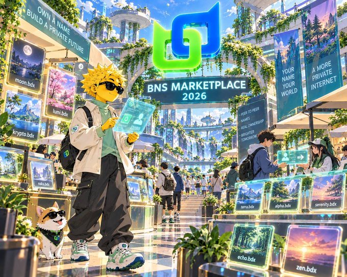 An anime-style illustration depicts a vibrant 'BNS MARKETPLACE 2026' scene where a spiky-haired character wearing sunglasses holds a holographic card, surrounded by floating digital displays labeled with names like 'moon.bdx', 'lumi.bdx', and 'echo.bdx'.