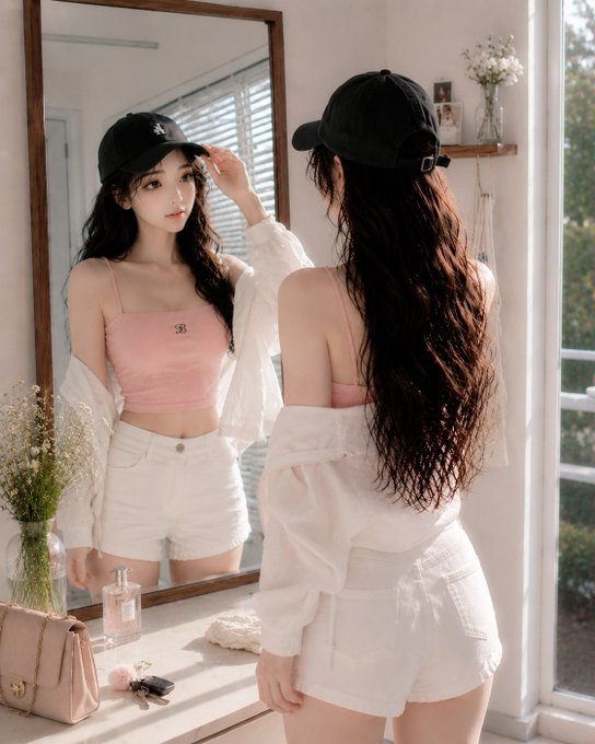 A young woman wearing a black cap, pink top, and white shorts stands in front of a mirror, with a pink handbag and car keys visible on the counter.