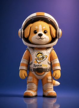 A 3D render of a cute cartoon dog wearing an orange and white astronaut suit with 'SpaceDog' written on the chest.