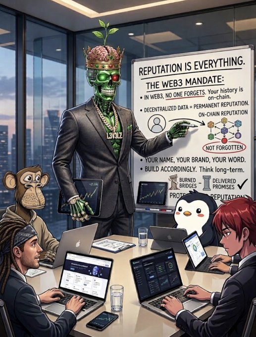 An illustration shows a green zombie in a suit giving a presentation titled 'REPUTATION IS EVERYTHING. THE WEB3 MANDATE', listing points like 'IN WEB3, NO ONE FORGETS', 'DECENTRALIZED DATA = PERMANENT REPUTATION', and 'YOUR NAME, YOUR BRAND, YOUR WORD', to a diverse group including a monkey, human, penguin, and anime-style character.