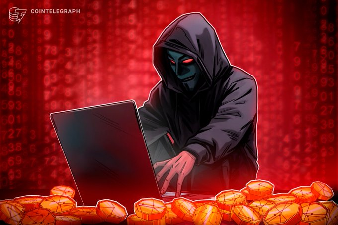 A Cointelegraph illustration depicts a hooded hacker with glowing red eyes typing on a laptop, surrounded by scattered orange cryptocurrency coins against a red digital matrix background.