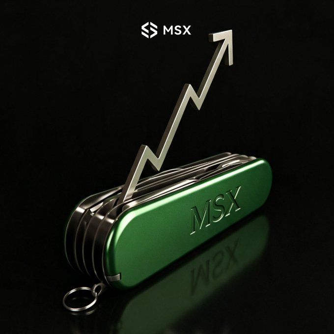 A 3D rendered promotional image showing a green MSX-branded multi-tool pocket knife with a silver upward trending arrow graphic against a black background.