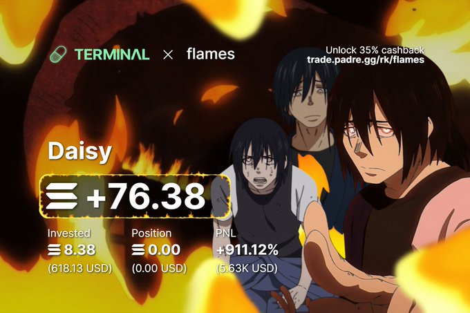 A promotional graphic for Terminal × flames featuring an anime-style image of three characters surrounded by flames, advertising a 35% cashback offer at trade.padre.gg/rk/flames. The image highlights a ""Daisy"" trade with a +76.38 position, showing 8.38 (618.13 USD) invested, 0.00 position, and a +911.12% PNL (5.63K USD).