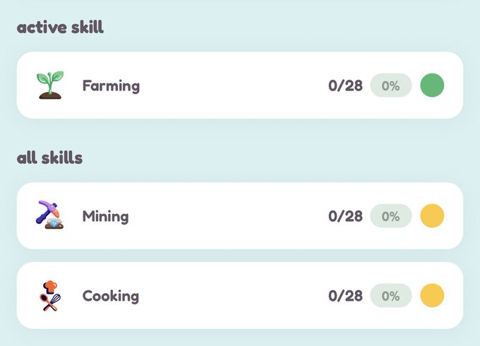 A skill tracking interface showing 'Farming' as an active skill at 0/28 (0%) with a green circle, and 'Mining' and 'Cooking' as inactive skills at 0/28 (0%) with yellow circles.