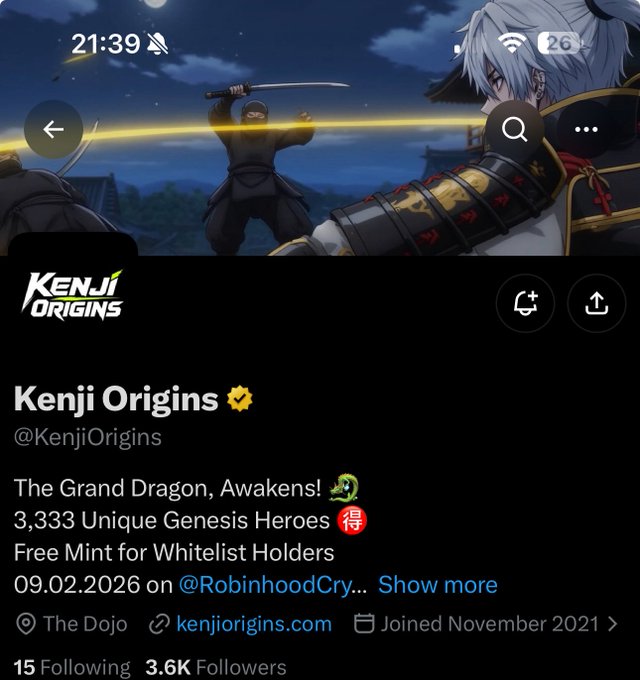 The image shows a Twitter/X profile page for **Kenji Origins (@KenjiOrigins)**, an anime-inspired NFT project featuring a samurai artwork header, with bio details listing "3,333 Unique Genesis Heroes," "Free Mint for Whitelist Holders," and a mint date of 09.02.2026 on @RobinhoodCry. The profile has 3.6K followers and shows "Joined November 2021," aligning with the post's description of an anime-styled Genesis NFT collection offering free whitelist mints on the Robinhood chain.